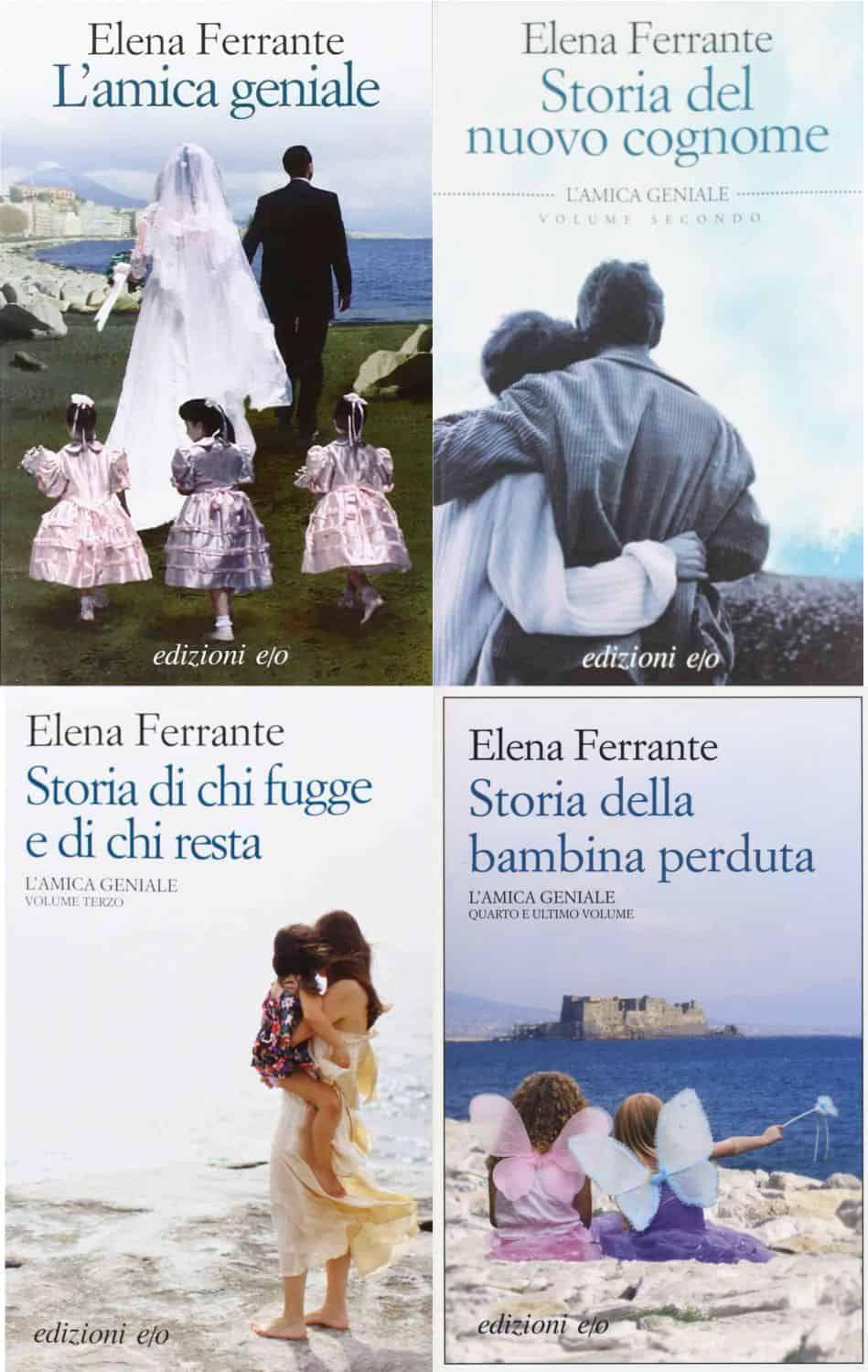 Collage que muestra las portadas de los cuatro libros que forman la saga de "L'amica geniale".
